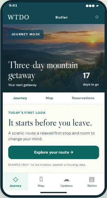 Screenshot of the WTDO Butler sample trip: journey, route, updates and wallet
