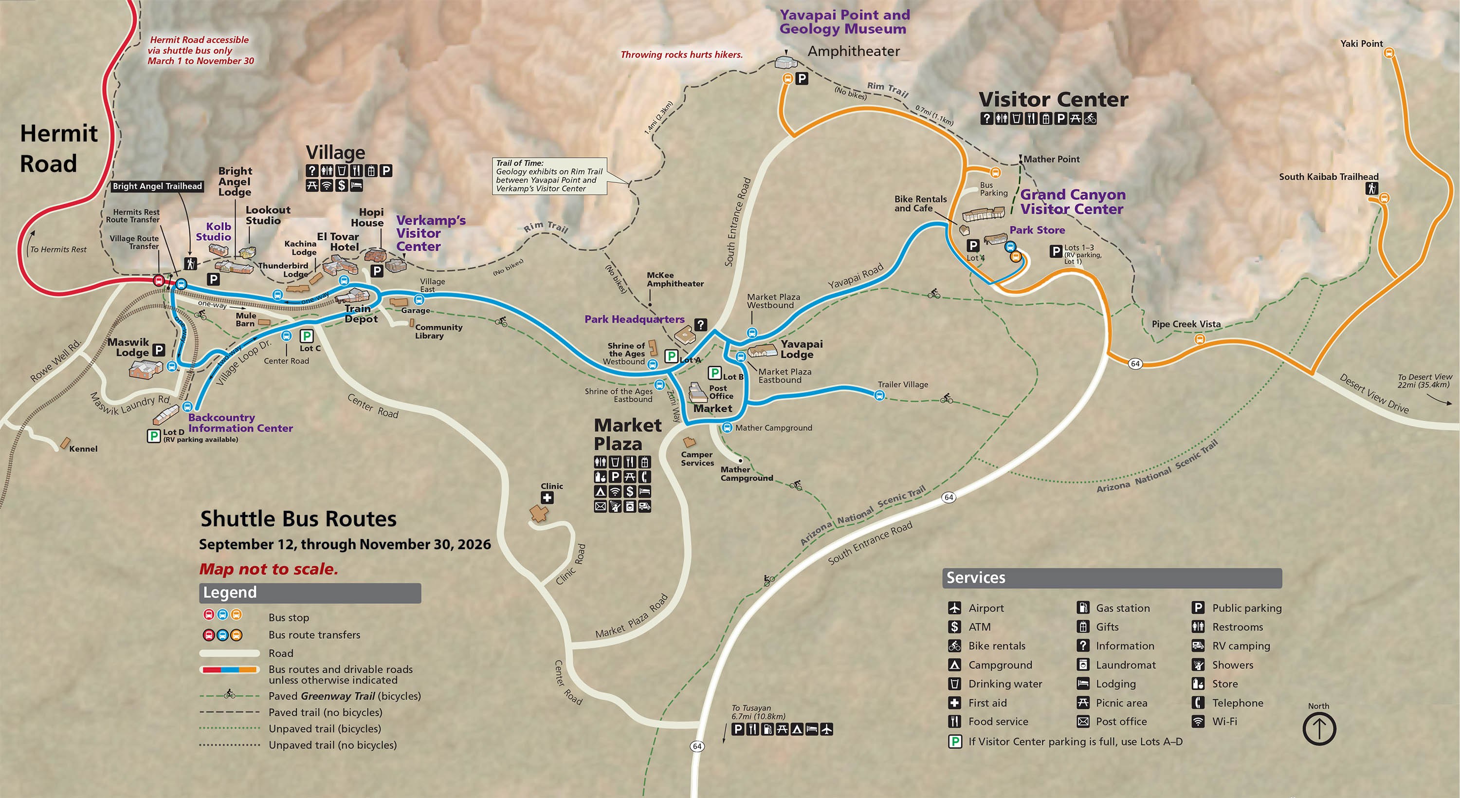 National Park Service fall 2026 South Rim map showing Grand Canyon Village, Yavapai, the Visitor Center and Yaki Point