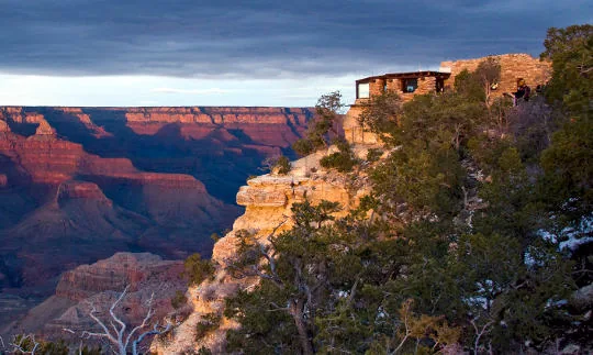 Yavapai Geology Museum perched above the canyon at sunset