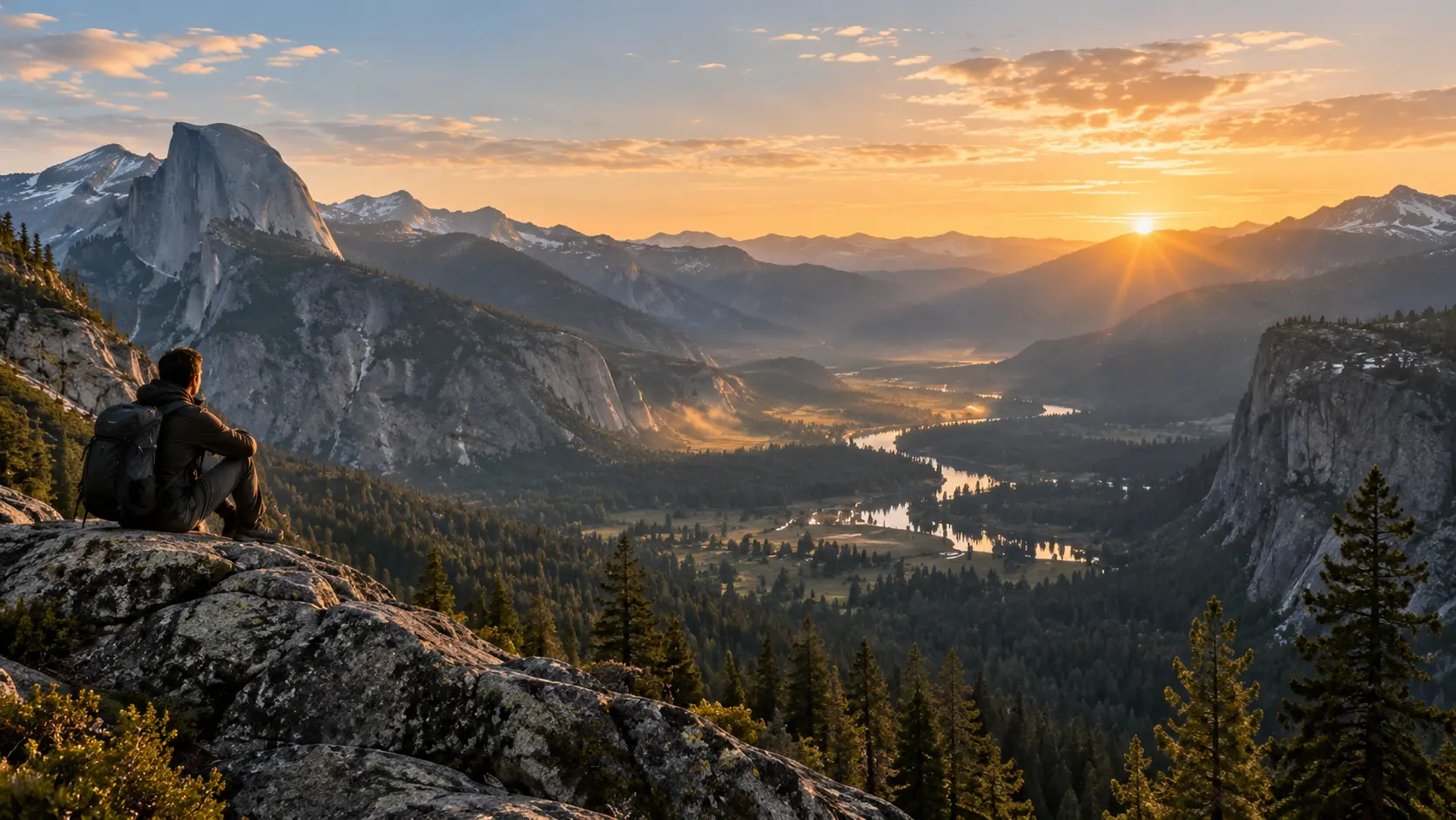 Traveler overlooking a mountain valley at sunrise