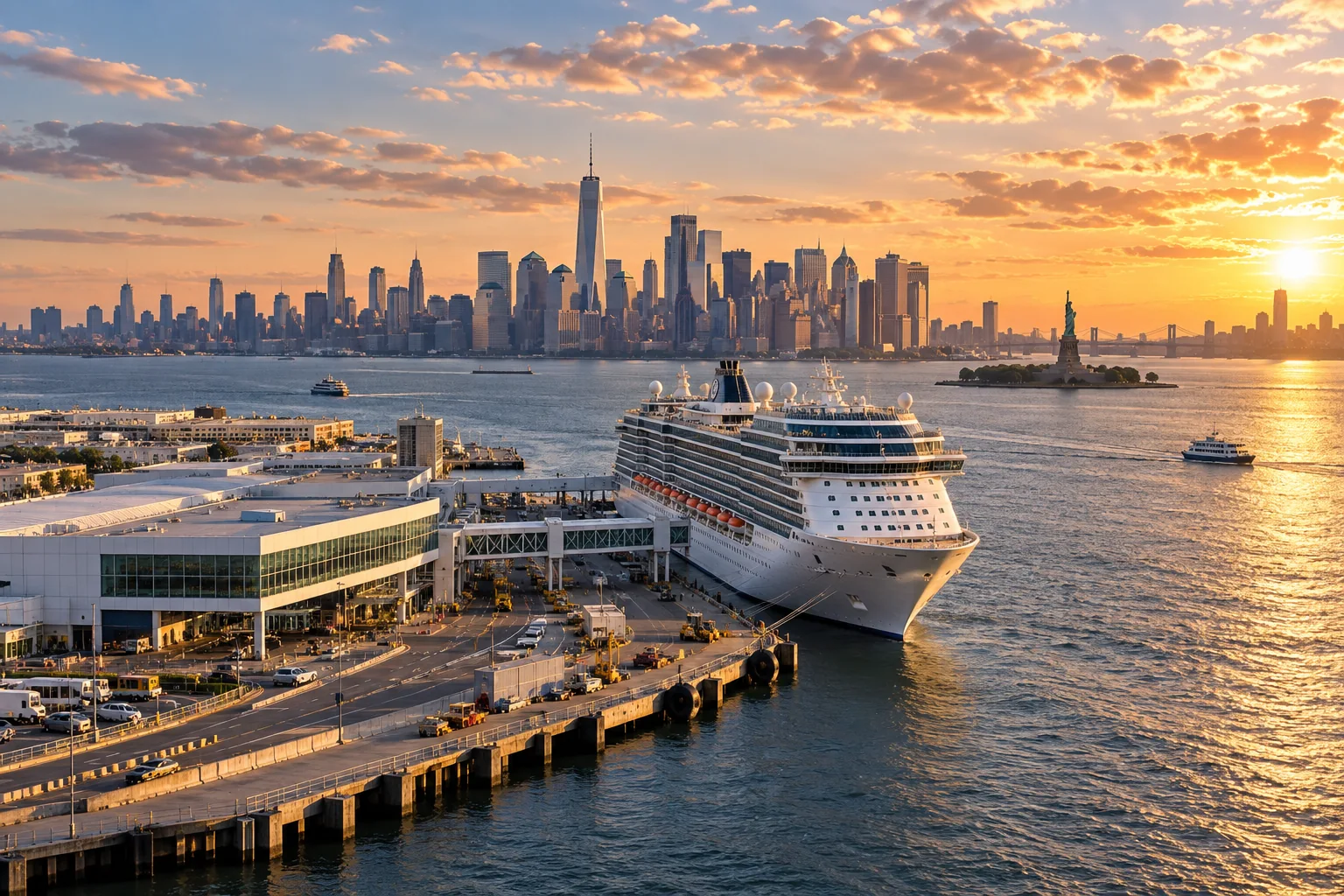 Illustrative cruise departure scene for Cape Liberty / Bayonne, New Jersey