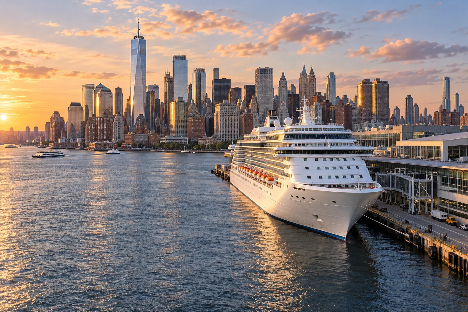 Illustrative scene of a cruise ship departing a U.S. city waterfront