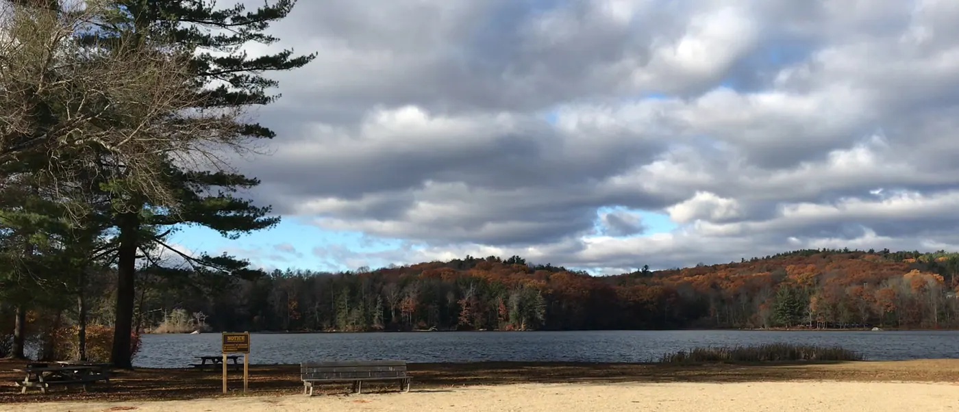Litchfield Hills — Paugnut State Forest's hills in autumn viewed from the north-east shore of Burr Pond