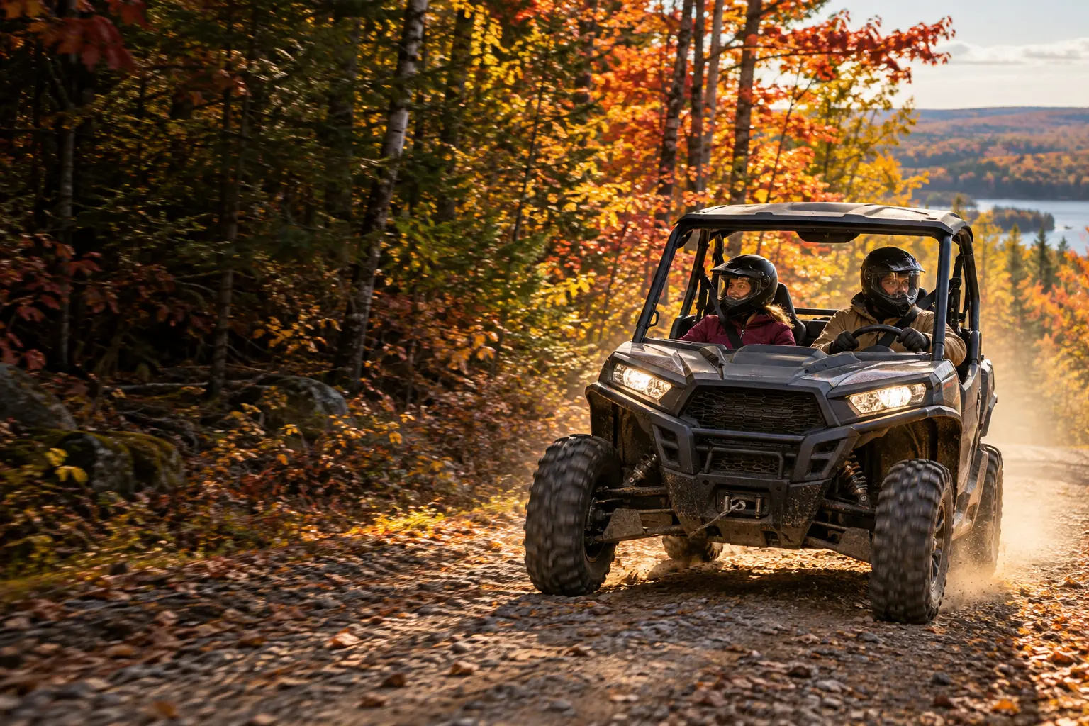 Two riders enjoying a UTV trail during Wisconsin fall color