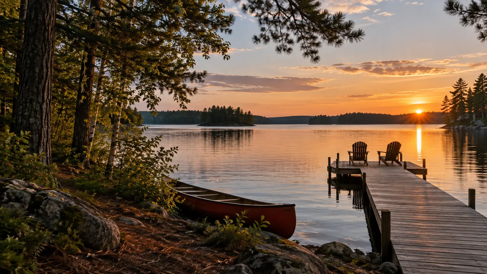 Wisconsin Northwoods lake and dock at sunset