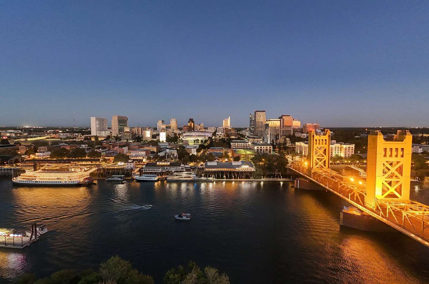 Sacramento skyline and Tower Bridge at dusk