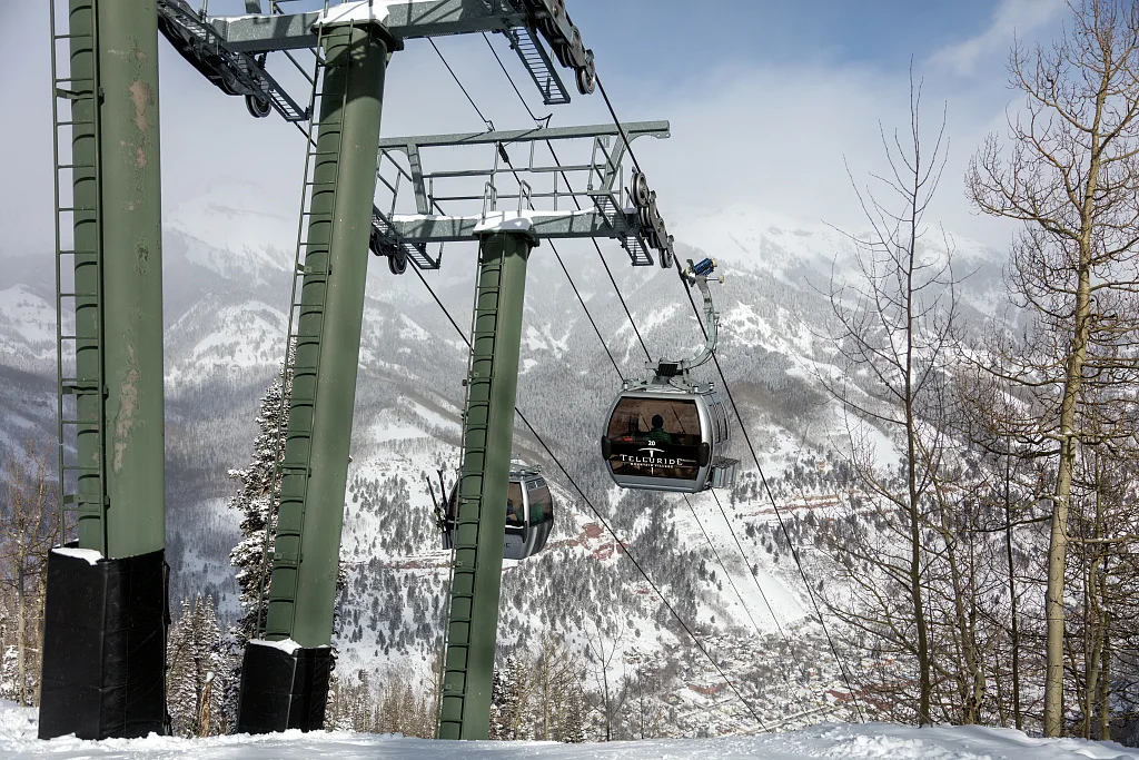 The unique Telluride/Mountain Village gondola above Telluride, once a mining boomtown and now a popular skiing destination in Colorado