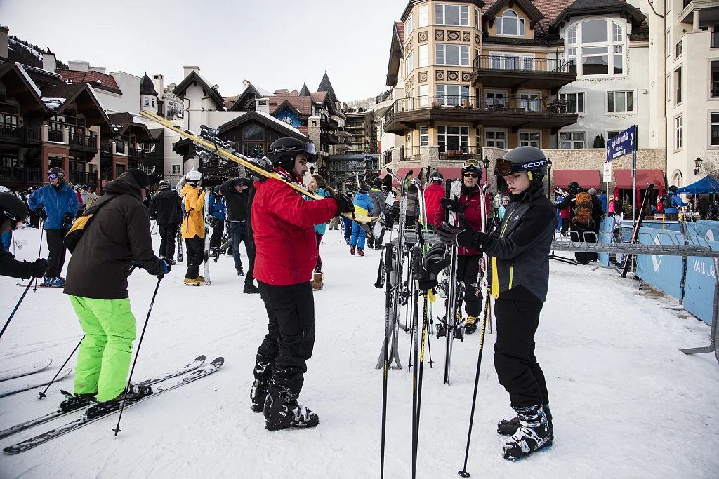 Scene in the ski village below the slopes in Vail, Colorado, a town in Eagle County's Vail Pass that did not exist until four years after the founding of the Vail Ski Resort in 1962. As of 2015, Vail Mountain, just 1.5 hours from Denver, was Colorado's largest ski mountain