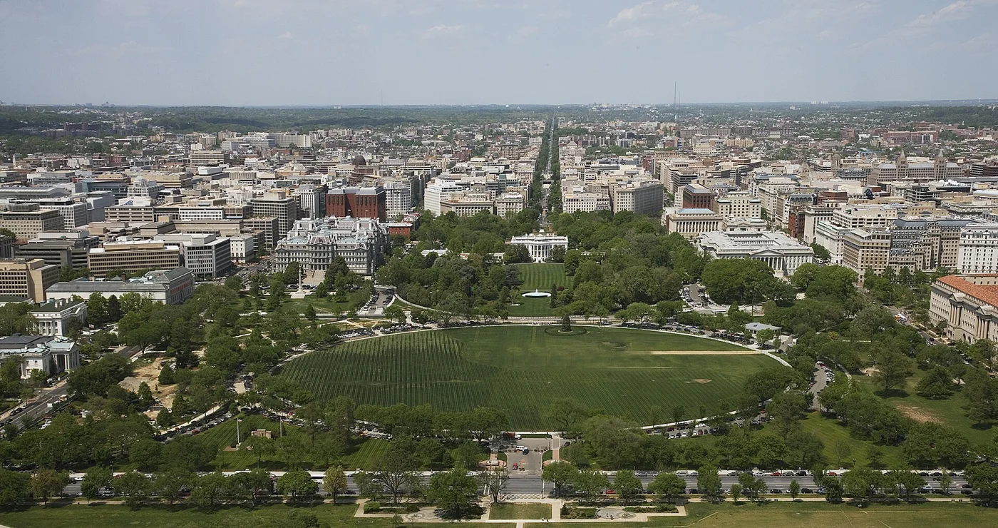 Aerial view of the White House, the Ellipse and downtown Washington, D.C.