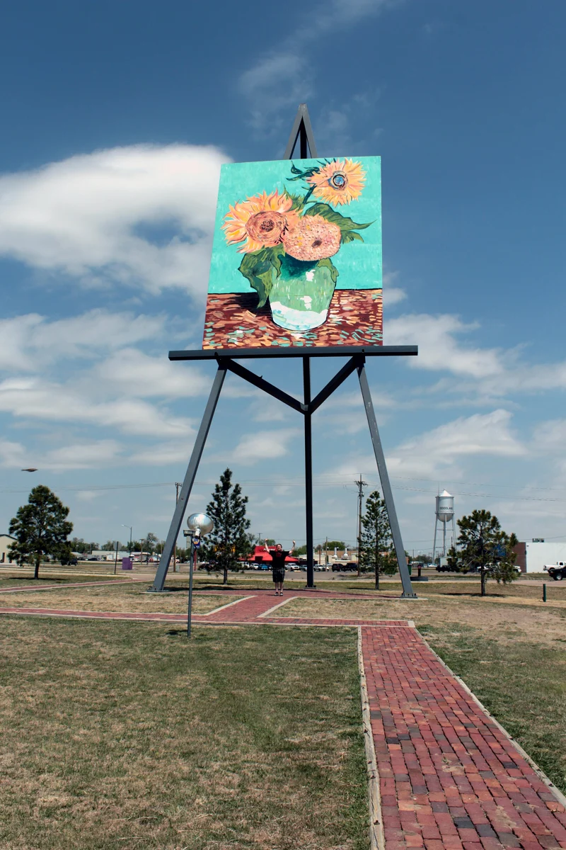 The giant sunflower painting and easel in Goodland, Kansas