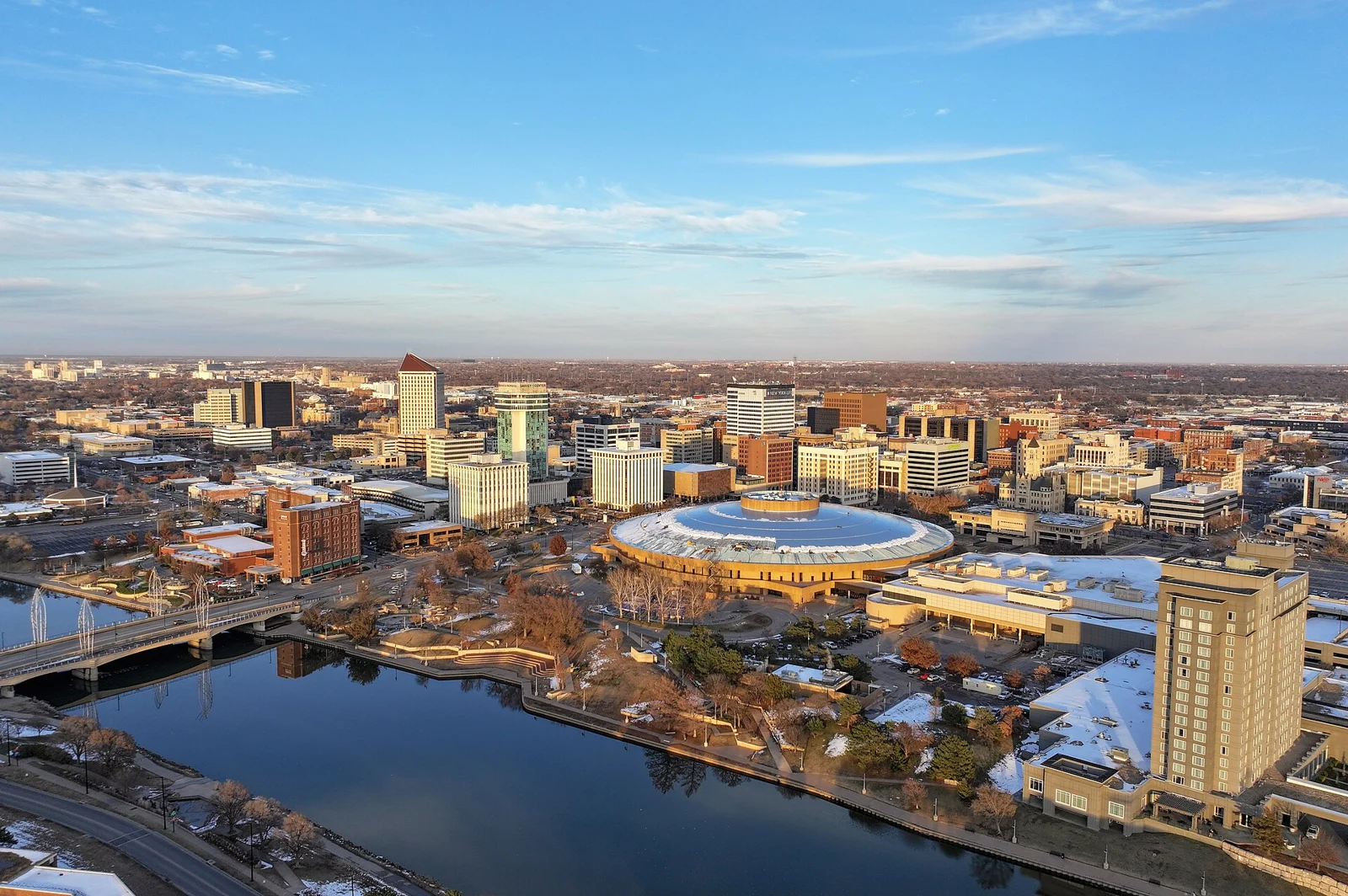 Downtown Wichita and the Arkansas River viewed from above