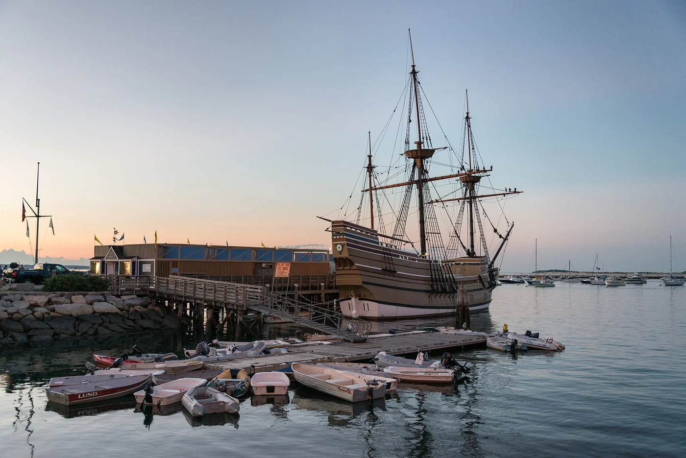 Mayflower II at twilight in Plymouth