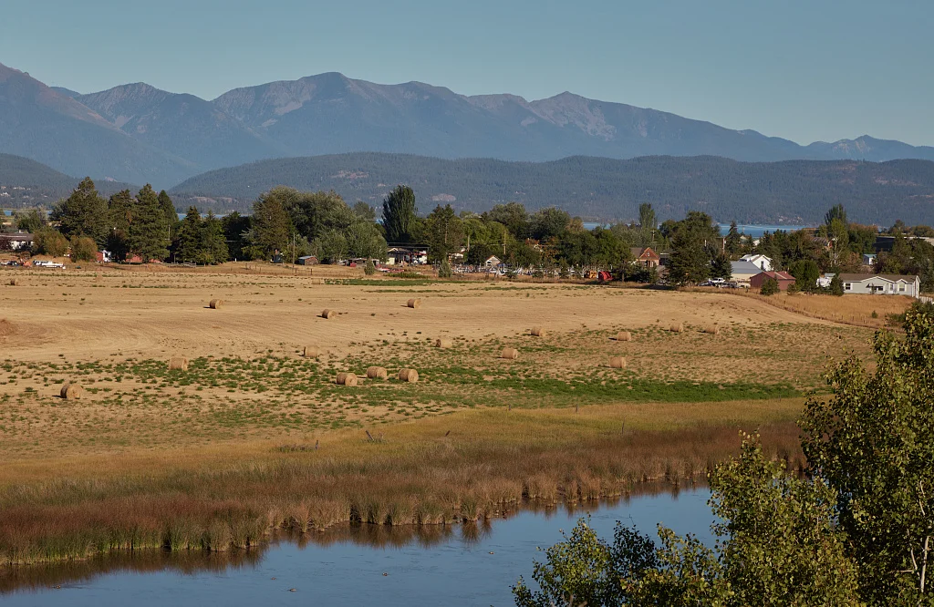 The Flathead River winding through the valley below Kalispell, Montana
