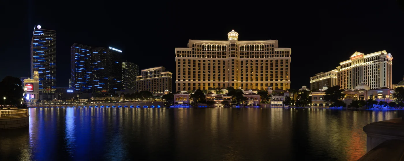 Bellagio and the Las Vegas Strip reflected in the fountain lake at night, Nevada
