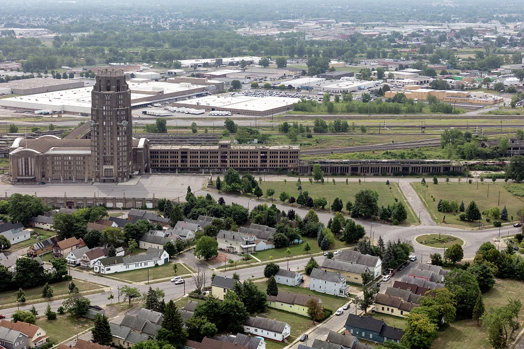Aerial view of Buffalo, New York, with a focus on the historic Buffalo Central (rail) Terminal