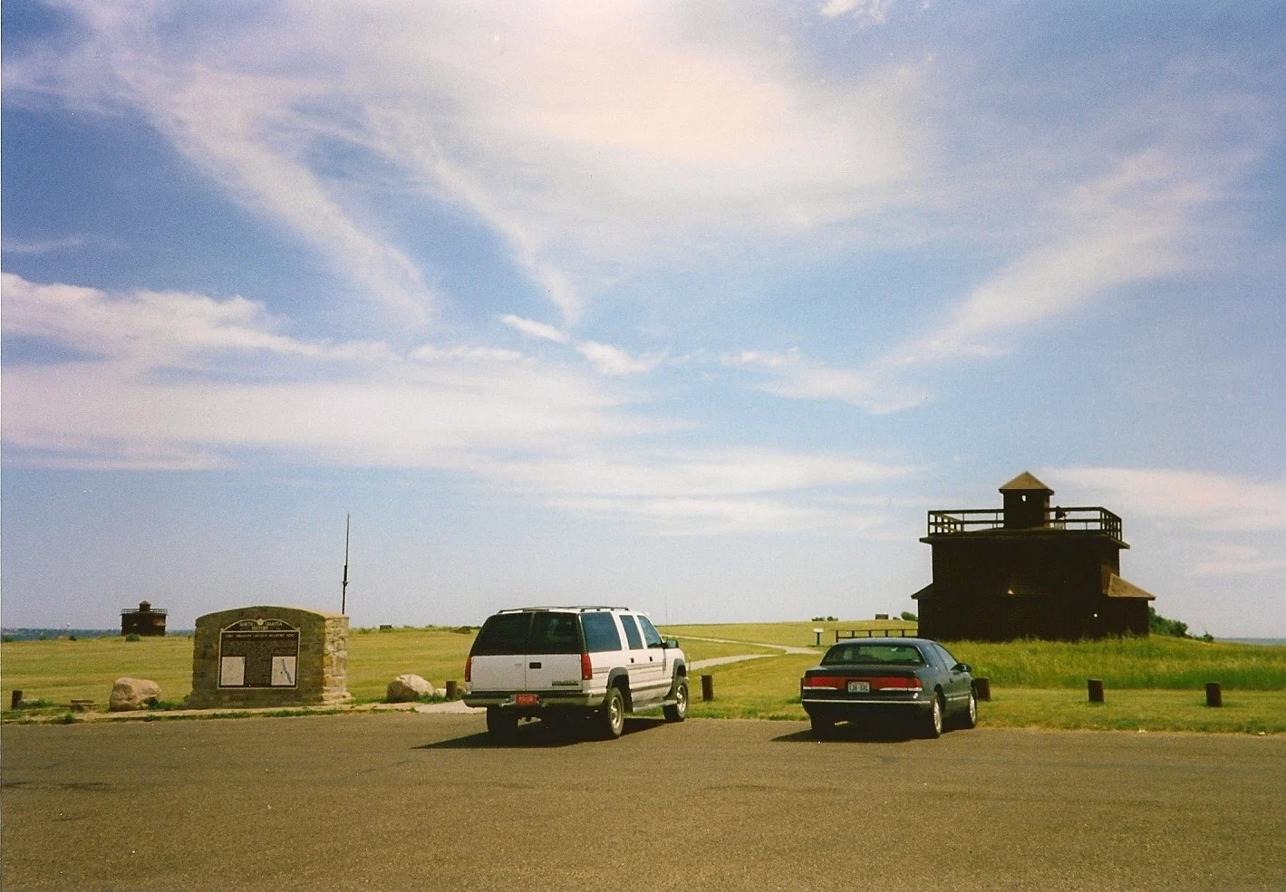 Reconstructed military buildings at Fort Abraham Lincoln State Park near Mandan