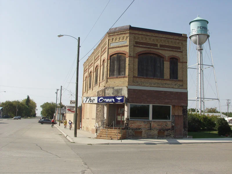 Historic corner building in Pembina, North Dakota