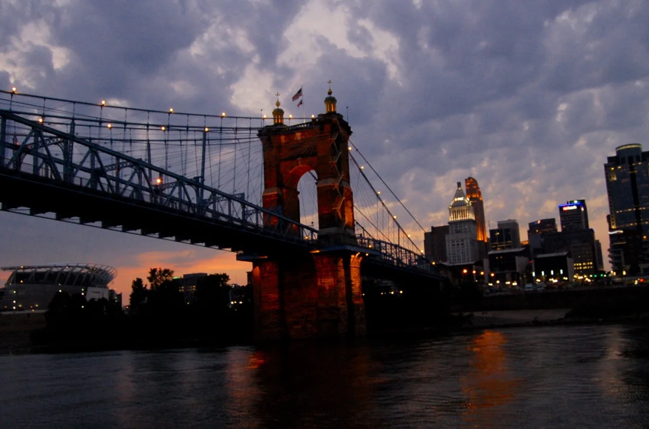 Roebling Bridge at sunset connecting Cincinnati, Ohio and Covington Kentucky(1).jpg