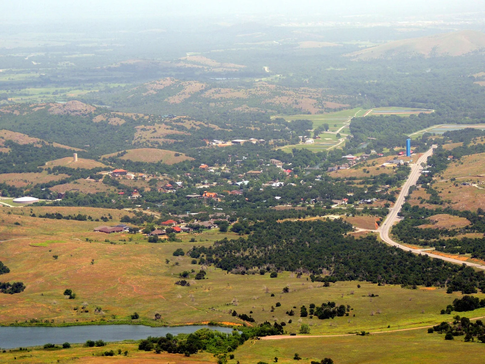 Aerial view of Medicine Park beside the Wichita Mountains, Oklahoma