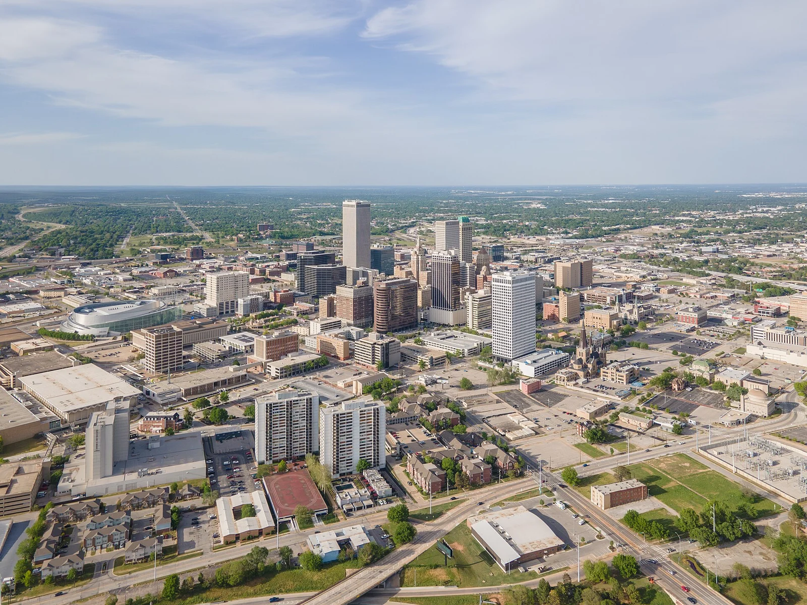 Tulsa skyline in an April 2023 aerial photograph