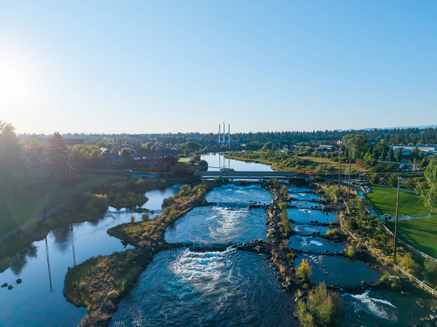 Aerial view of the Deschutes River flowing through Bend, Oregon