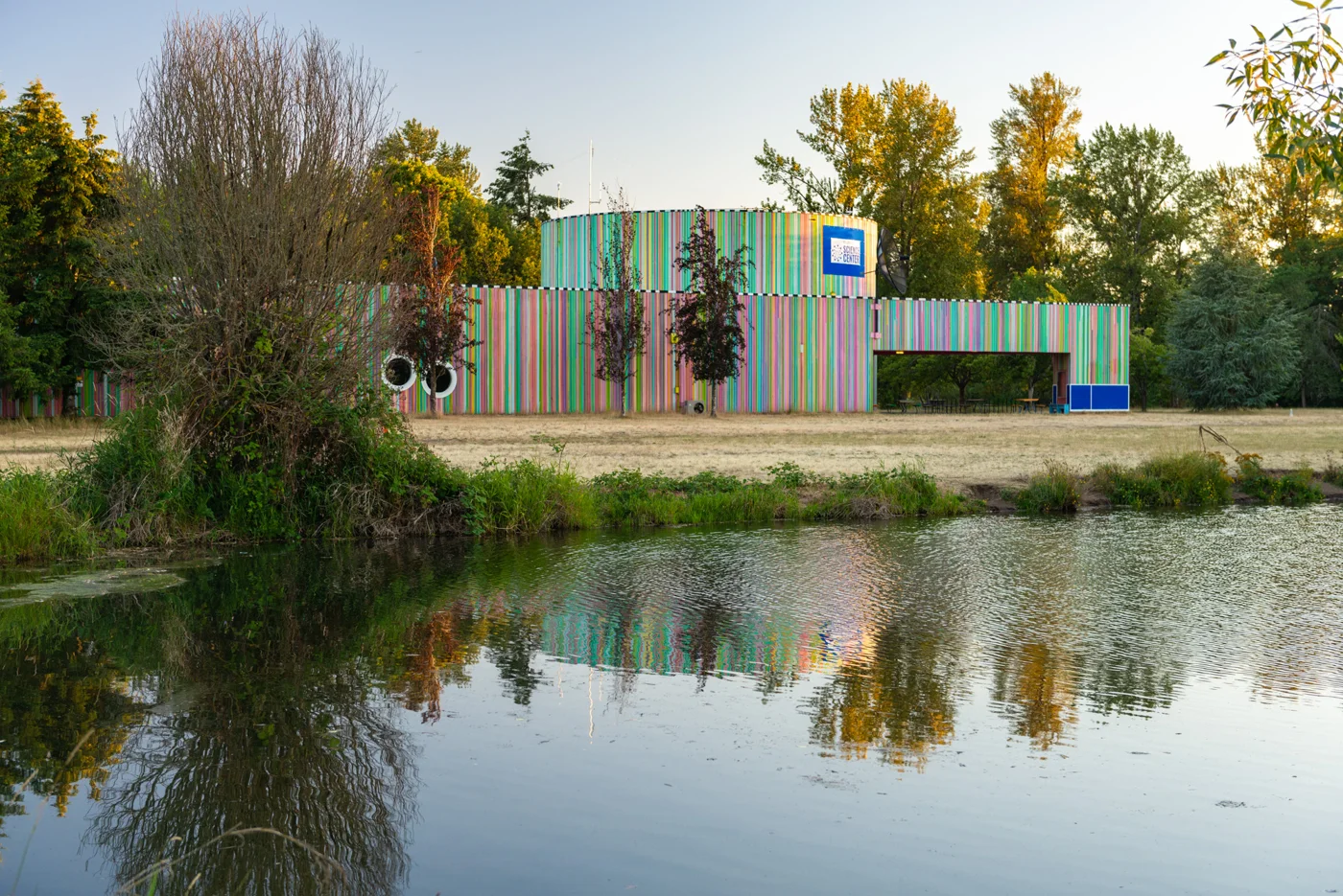 Eugene Science Center and water in Alton Baker Park, Eugene, Oregon