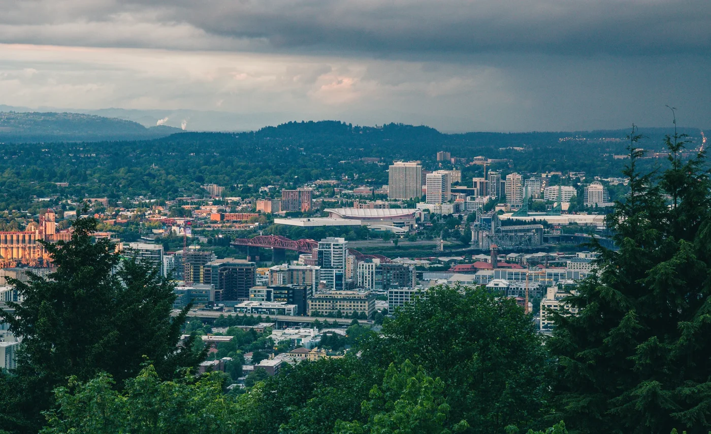 Portland skyline viewed from Kings Heights / Hillside at dusk, Oregon