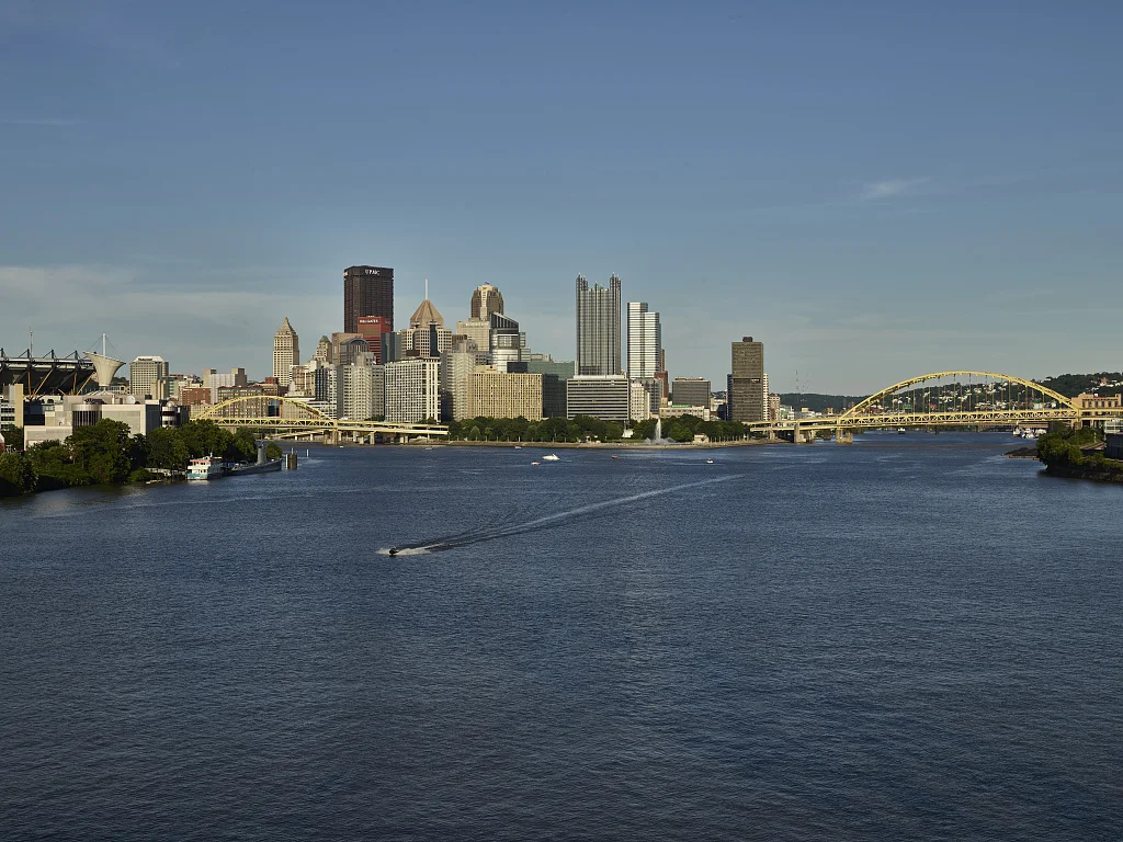 View up the Ohio River from the Carnegie Science Center of The Point, a geographical landmark where the Allegheny and Monongahela Rivers converge to form the Ohio in downtown Pittsburgh, Pennsylvania