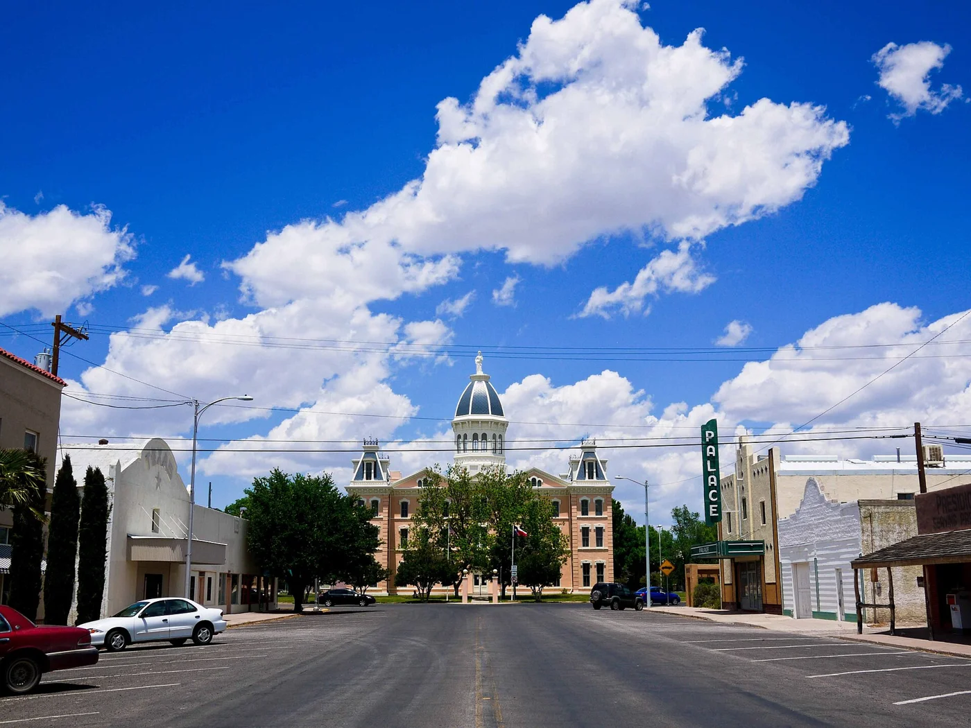 Highland Avenue toward the Presidio County Courthouse in Marfa