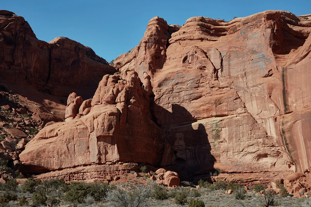 Stark red-rock formations in Arches National Park, just above the small city of Moab in the western U.S. state of Utah