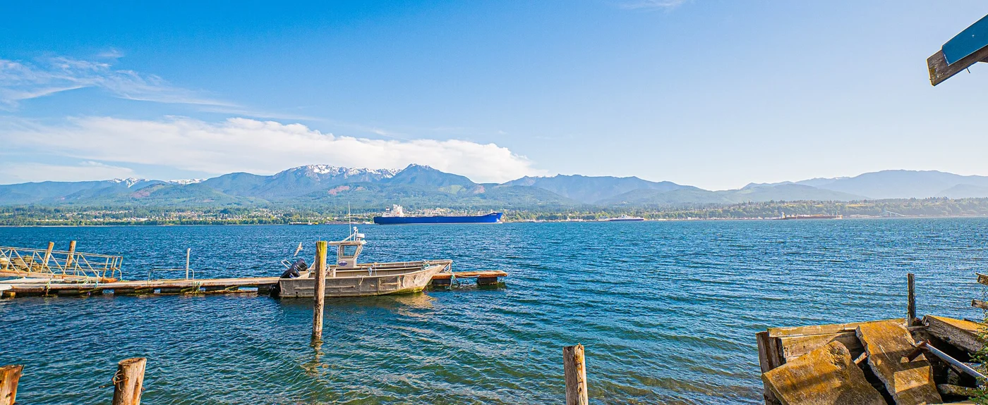 Port Angeles and the Olympic Mountains viewed across the harbor from Ediz Hook