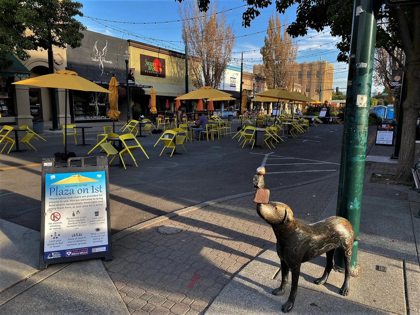 Modern downtown streetscape and public art in Walla Walla, Washington