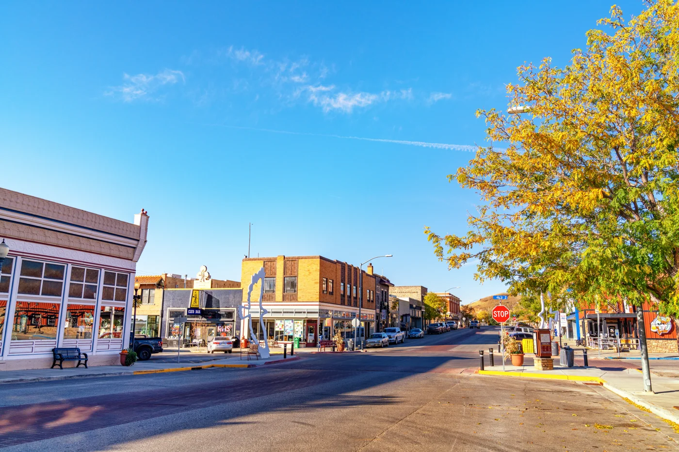 An autumn street scene in downtown Rawlins, Wyoming