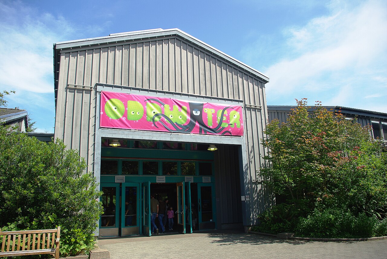 Oregon Coast Aquarium main building entrance. The banner reads Oddwater , a temporary exhibit (mid-2008 to late 2009). [1] [2]