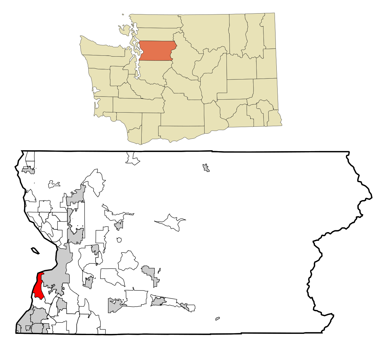 This map shows the incorporated and unincorporated areas in Snohomish County , Washington , highlighting Mukilteo in red. It was created with a custom script with US Census Bureau 