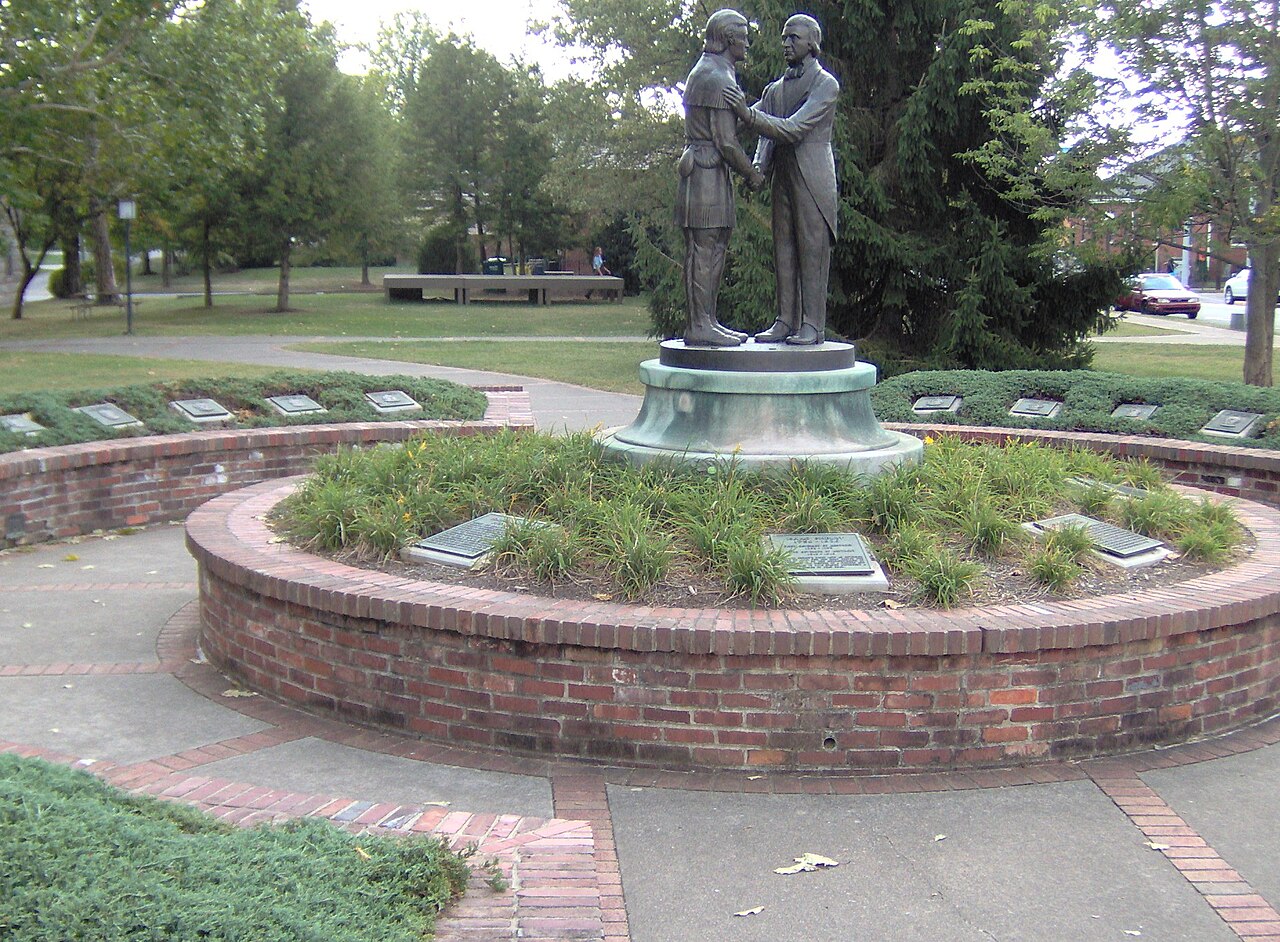 The Governor’s Circle at Constitution Square State Historic Site . A memorial honoring Kentucky governors with a bronze statue depicting the Kentucky state seal surrounded by plaqu