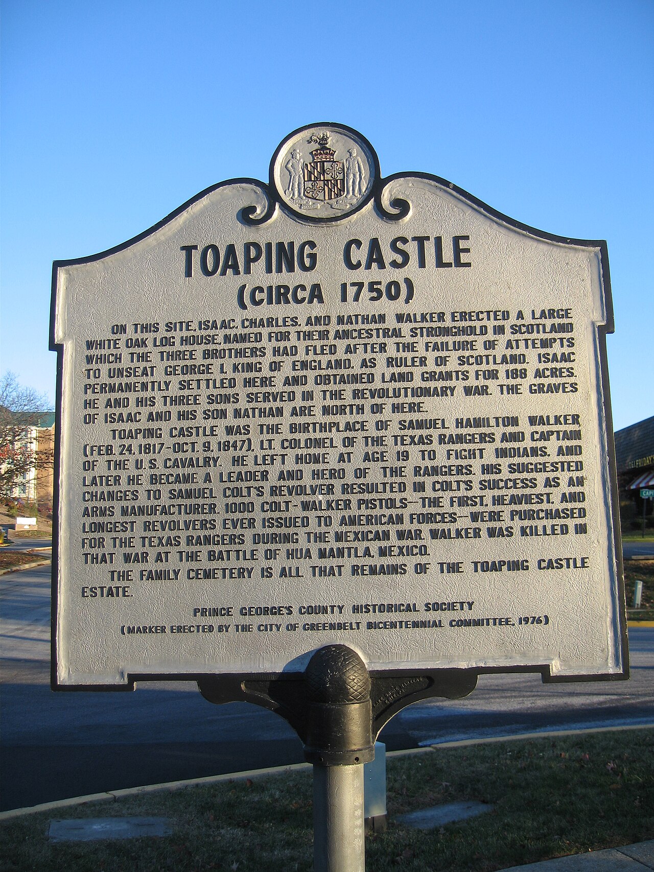 Historical marker designating the site of the Toaping Castle in Greenbelt , Maryland . The historical marker is located at the intersection of Walker Drive and Capital Drive on the