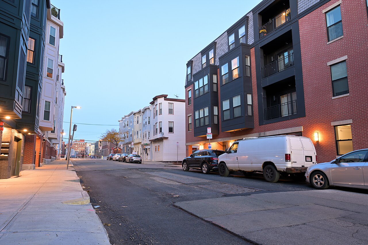 Exposed trolley tracks on Orleans Street in Jeffries Point, East Boston