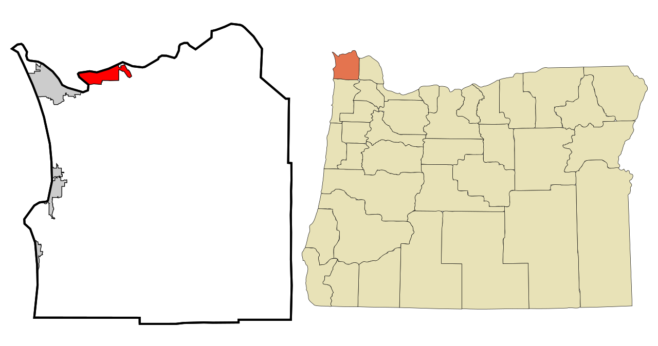 This map shows the incorporated and unincorporated areas in Clatsop County , Oregon , highlighting Astoria in red. It was created with a custom script with US Census Bureau data an