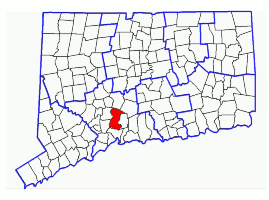 Subject: Map of Connecticut Townships with Town of Hamden highlighted. Derived from sub-county SVG map of Connecticut at Libre Map Project using Adobe SVG viewer and Gimp 2.2.1.3