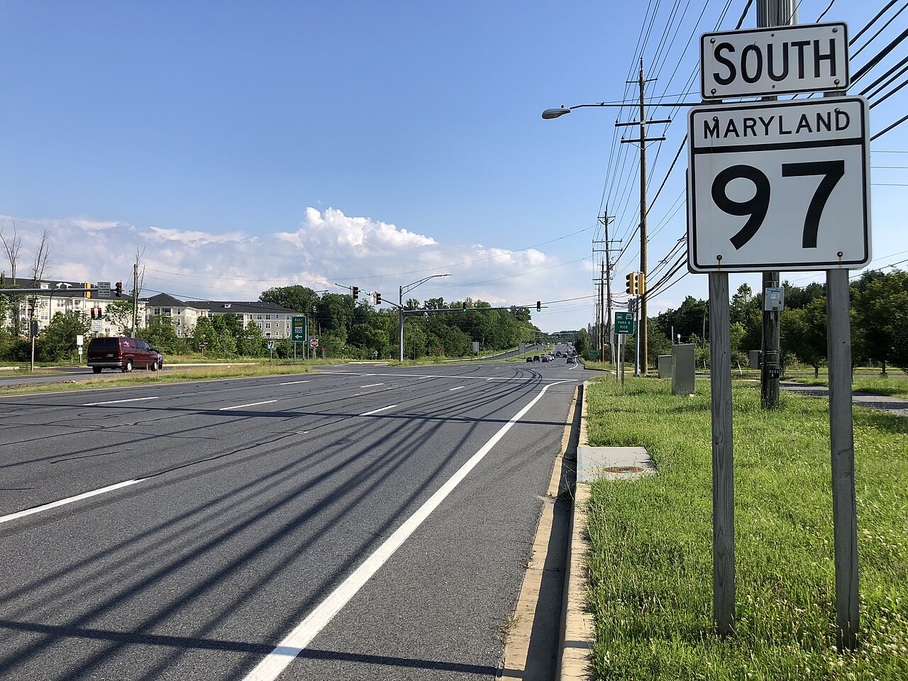 View south along Maryland State Route 97 (Georgia Avenue) just south of Maryland State Route 200 (Intercounty Connector) in Olney, Montgomery County, Maryland