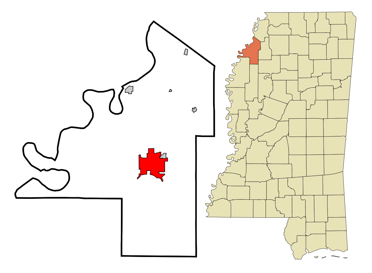 This map shows the incorporated and unincorporated areas in Coahoma County , Mississippi , highlighting Clarksdale in red. It was created with a custom script with US Census Bureau