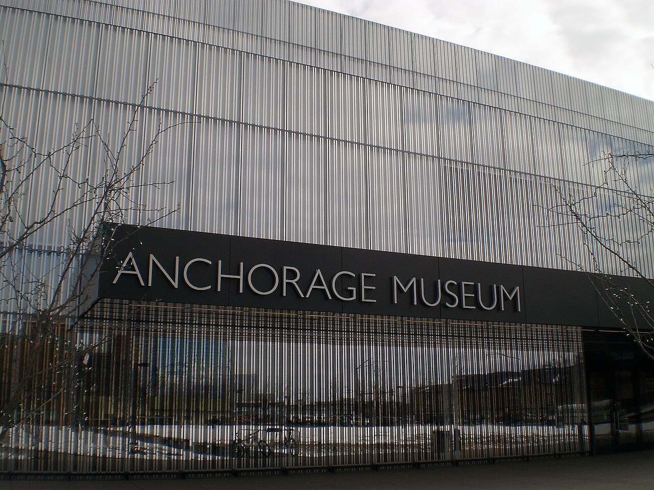 The facade of the Anchorage Museum in Anchorage, Alaska, seen here in late March 2011, includes approximately 5900 m² of custom insulated fritted glass.