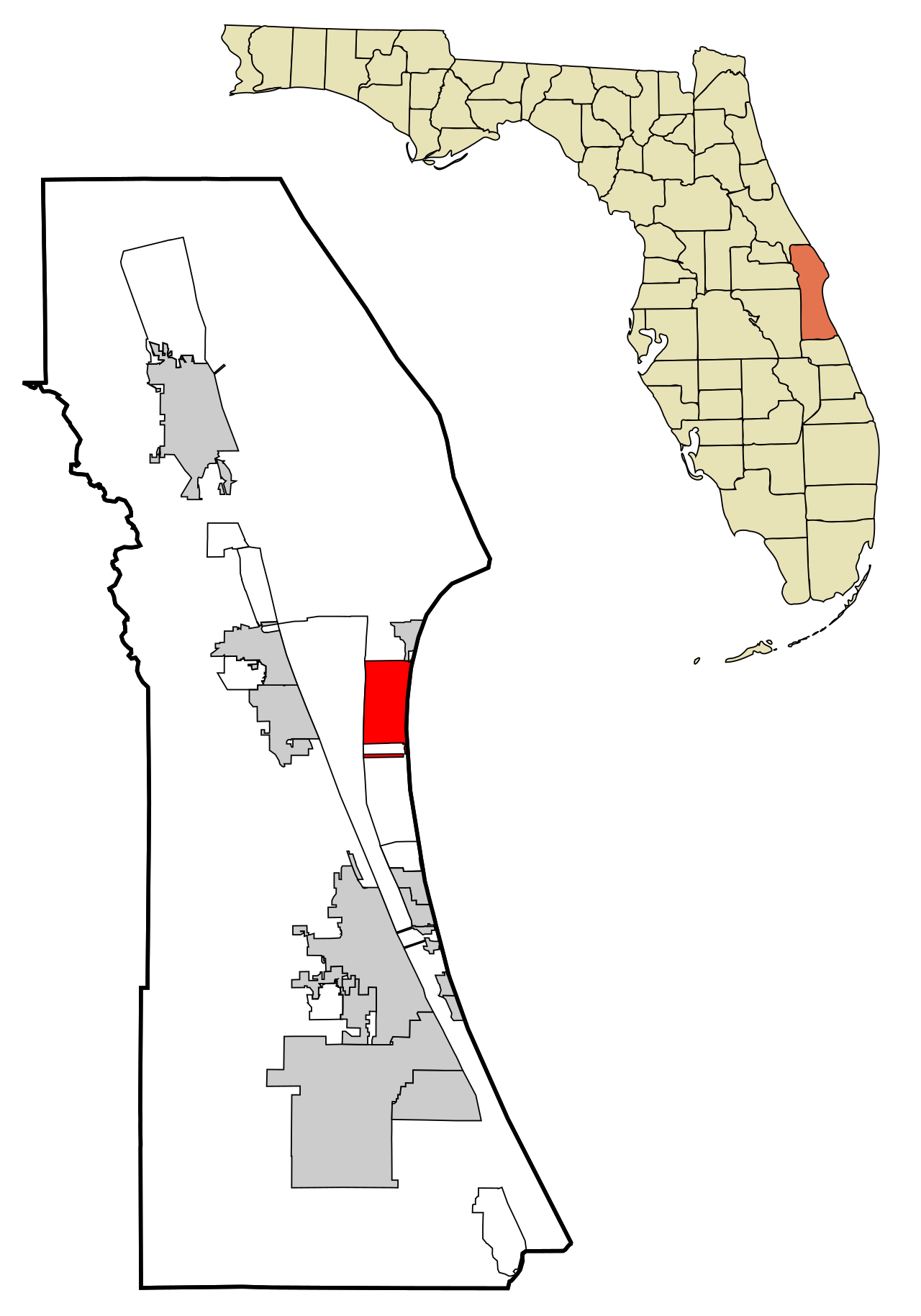 This map shows the incorporated and unincorporated areas in Brevard County , Florida , highlighting Cocoa Beach in red. It was created with a custom script with US Census Bureau da